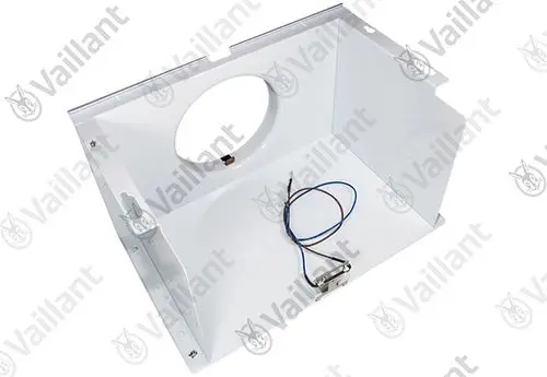 Weiße Vaillant Strömungssicherung mit einem kreisförmigen Ausschnitt und einem Kabelanschluss, geeignet für bestimmte Heizungsanlagen.